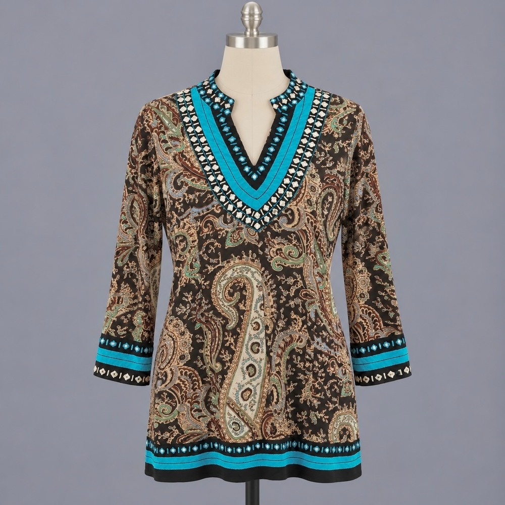 Soft Surroundings Tunic Top Women's M Paisley Embellished Turquoise Cotton Boho